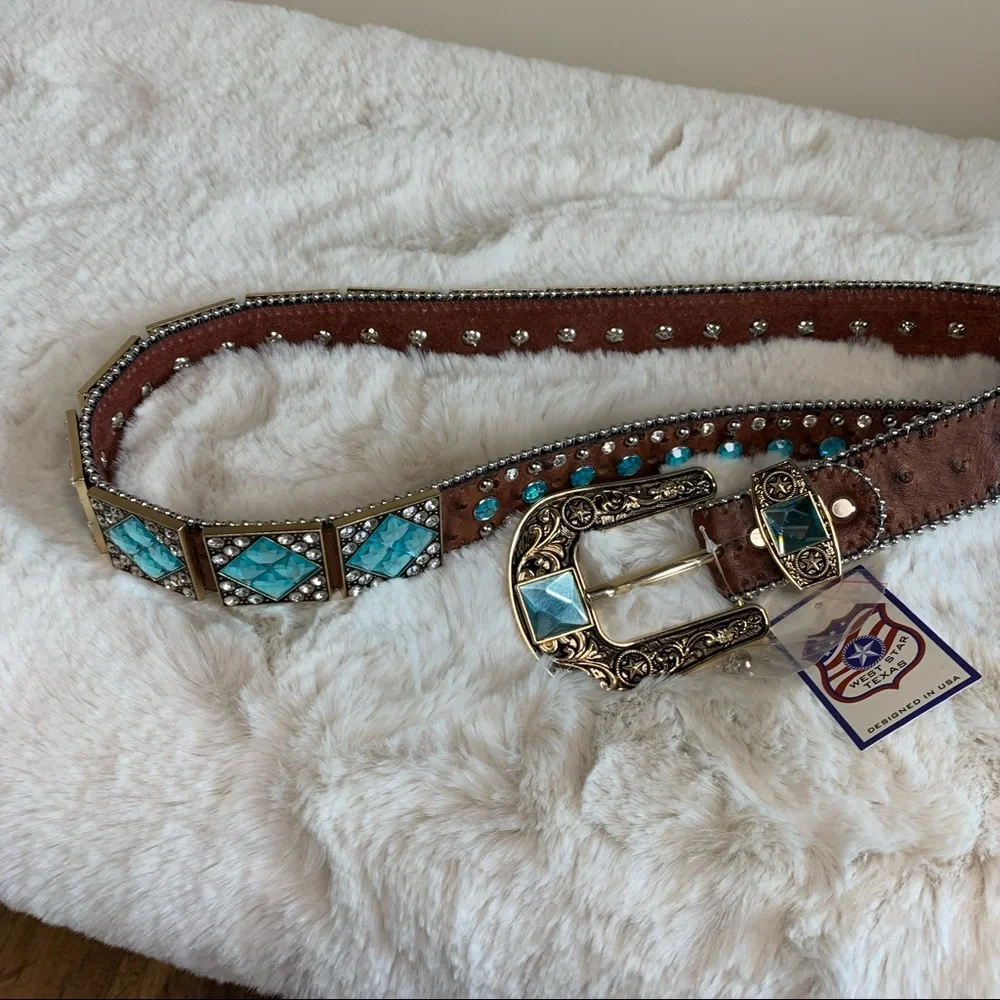 Men's West Star Texas Leather Bling Belt with Blue Crystal Conchos Size Large - Picture 2 of 11
